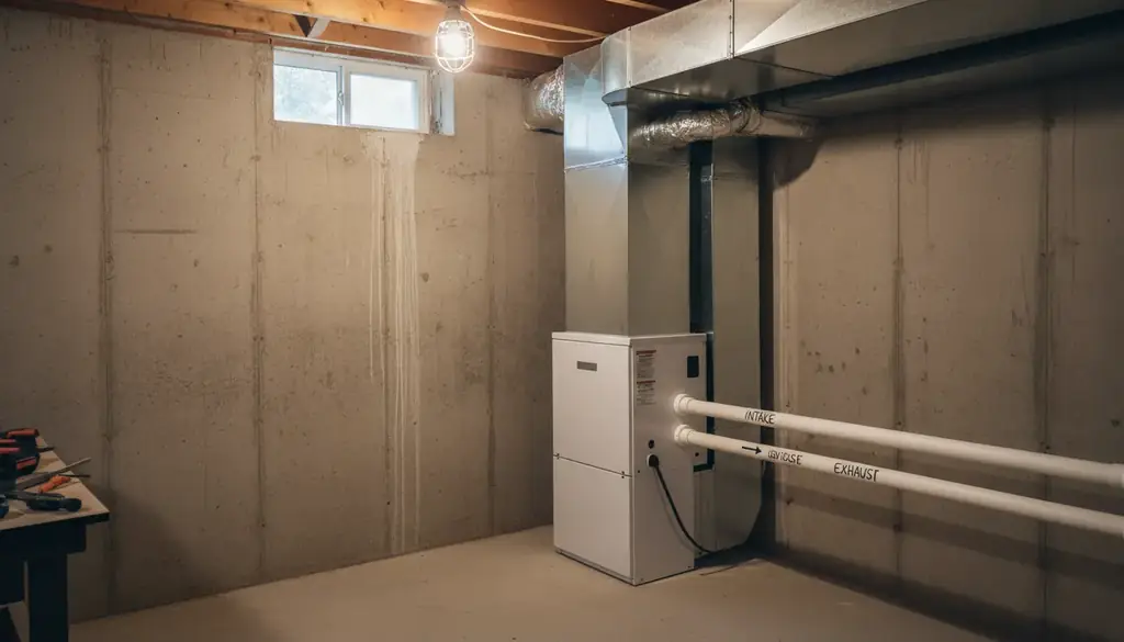 A new furnace installed in a home utility space